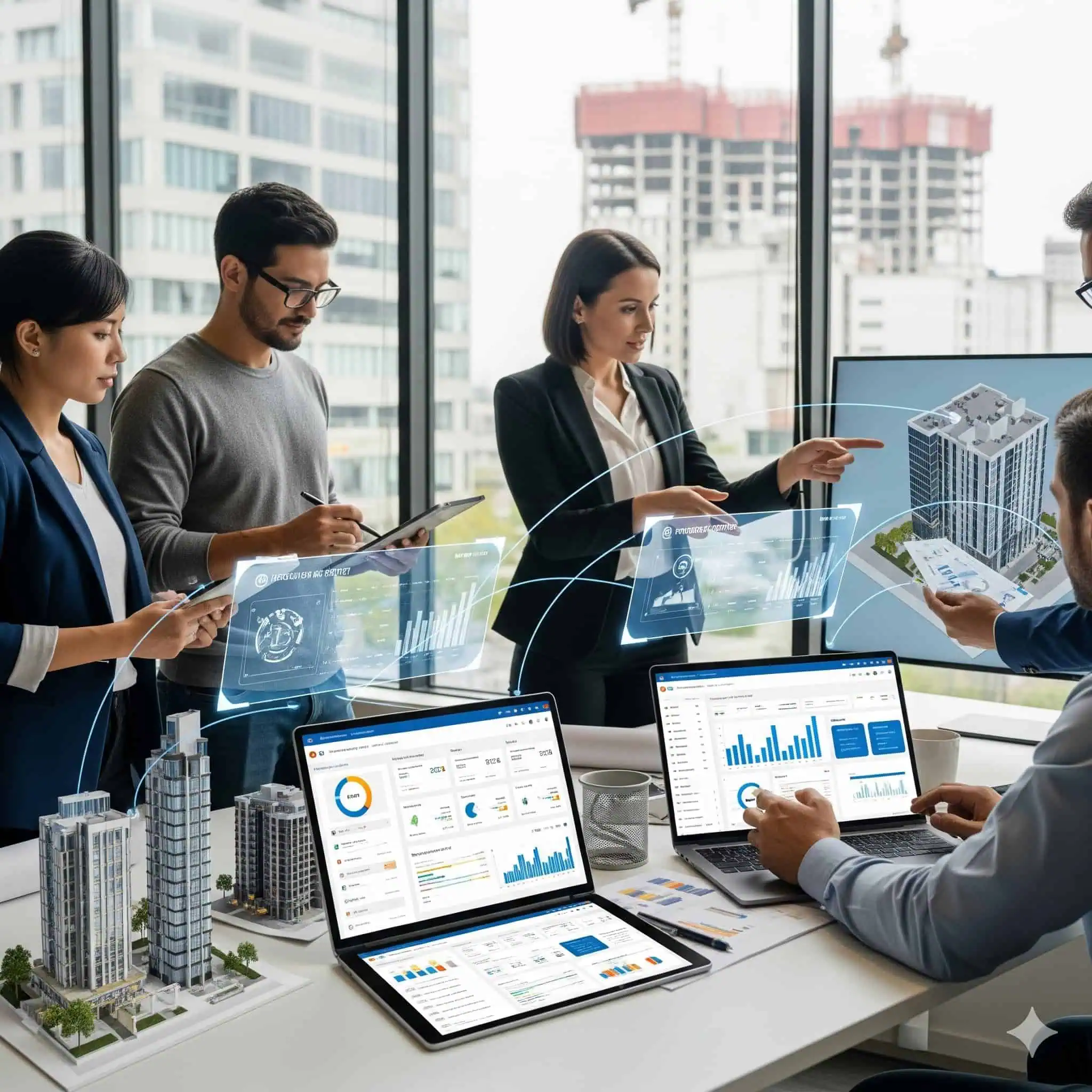 Team members focused on their laptops, working together in a bright, open office environment.