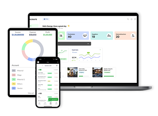 Dashboard displayed on a laptop, tablet, and smartphone showing income, expenses, profit, customer and supplier counts, and account details with charts and lists.