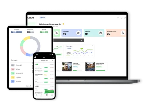 Dashboard displayed on a laptop, tablet, and smartphone showing income, expenses, profit, customer and supplier counts, and account details with charts and lists.