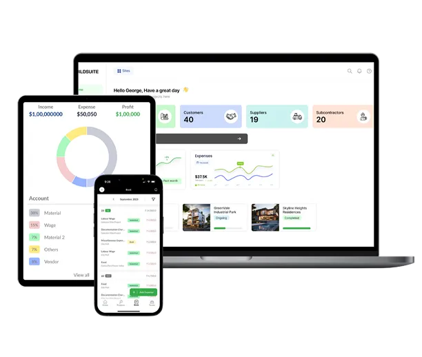 Laptop, tablet, and smartphone displaying a business dashboard with income, expenses, profits, customer and supplier data, and project status.