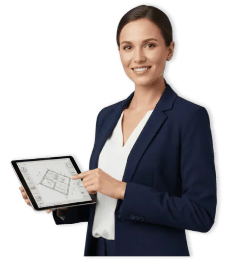 Smiling businesswoman in navy blazer pointing to architectural floor plan on a tablet.