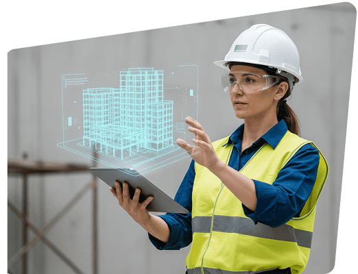 A woman in a safety vest holds a tablet displaying a digital image of a building, focused on her work.
