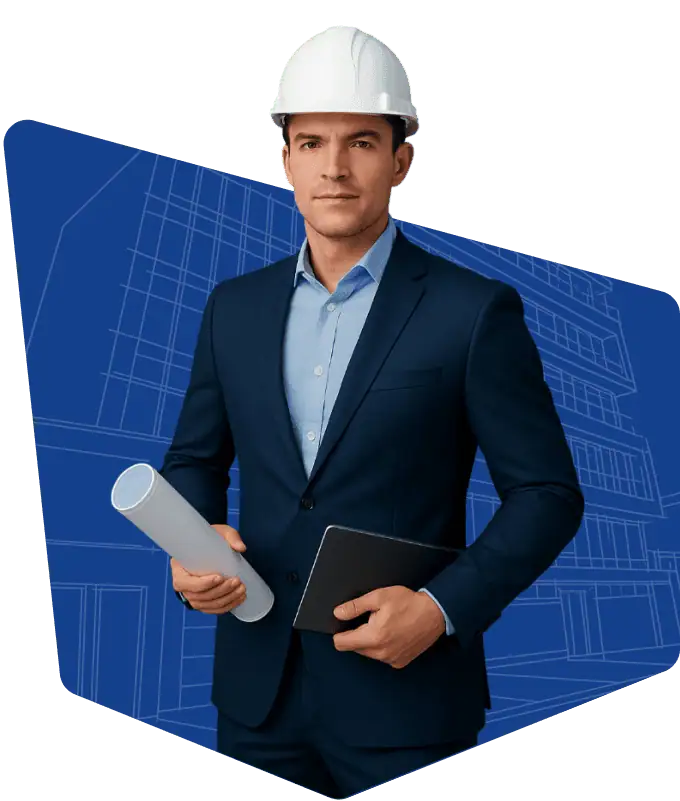 A man in a suit and hardhat holds a blueprint, symbolizing professionalism and planning in construction