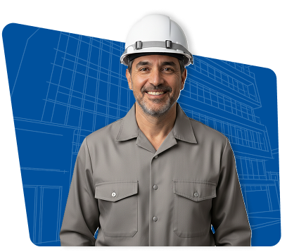 Smiling man wearing a white construction helmet and gray work shirt with a building blueprint background.