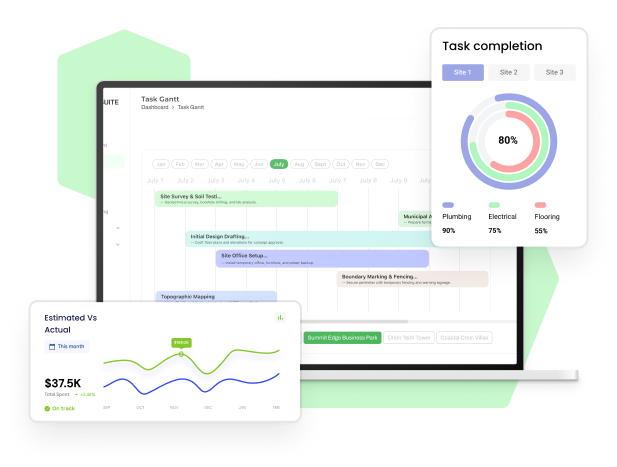 Computer screen displaying a project management Gantt chart with two overlay windows showing task completion percentages in a circular chart and estimated versus actual spending line graph.