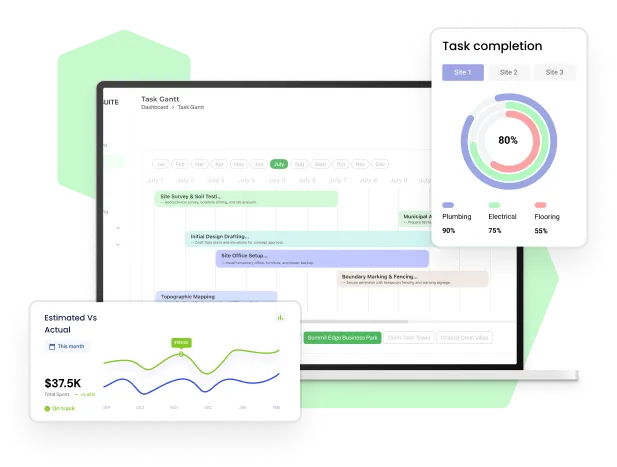Computer screen displaying a project management Gantt chart with two overlay windows showing task completion percentages in a circular chart and estimated versus actual spending line graph.