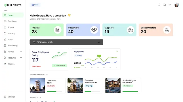 BuildSuite dashboard showing project, customer, supplier, and subcontractor stats, employee and expense graphs, and starred projects with status.