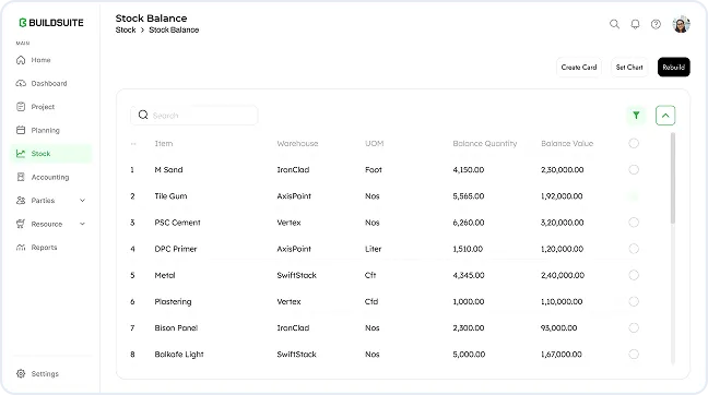 BuildSuite Stock Balance page showing a table with item names, warehouses, units of measure, balance quantities, and balance values.